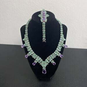 STERLING SILVER GENUINE EMERALD & AMETHYST NECKLACE WITH MATCHING BRACELET RARE